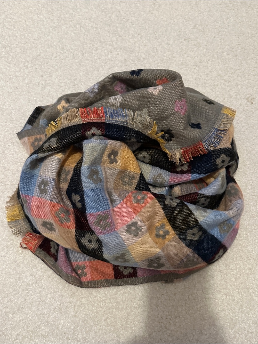 Oversized Grey Gingham Flower Flannel Scarf, Shawl